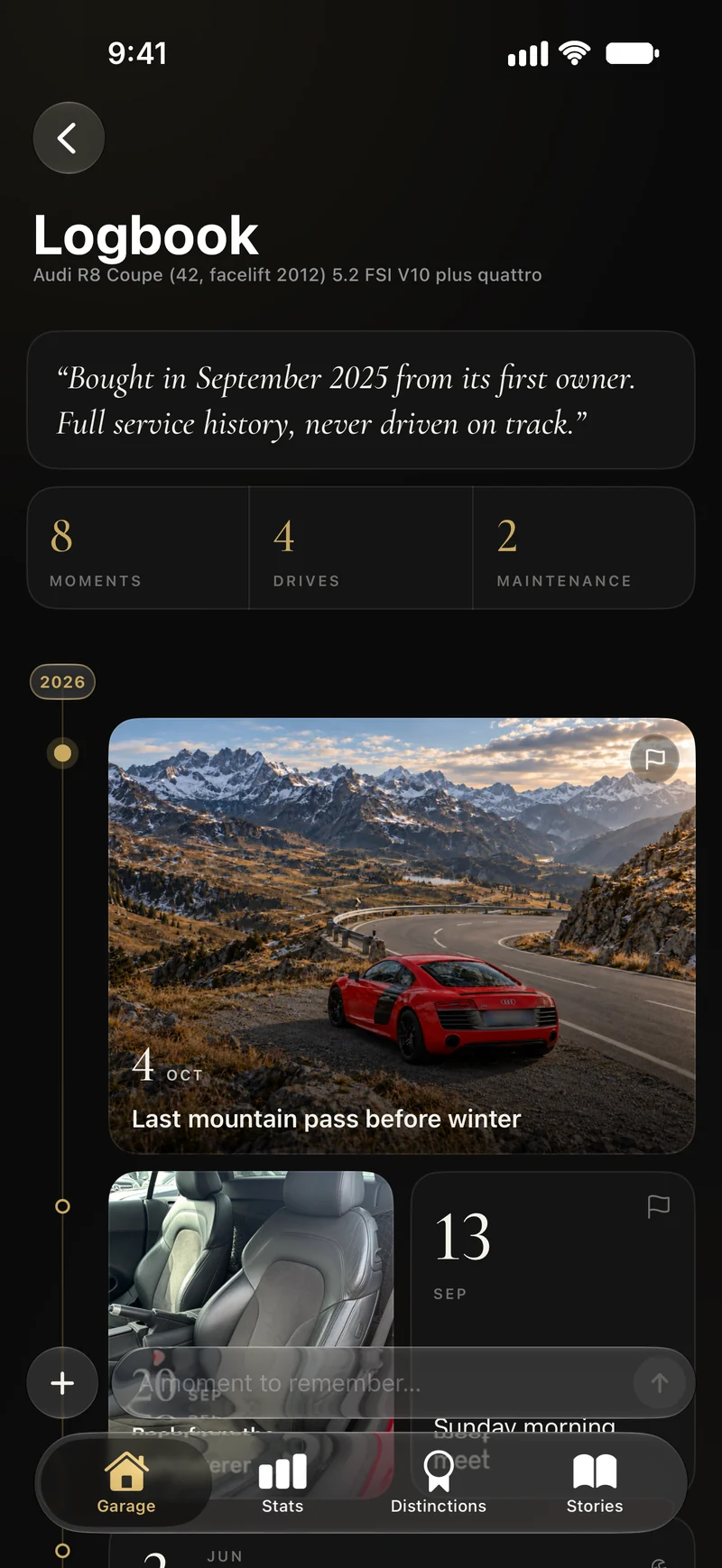 An Audi R8’s logbook in Carbon: its story, 8 moments including 4 drives and 2 maintenance entries, and the photo of the last mountain pass before winter