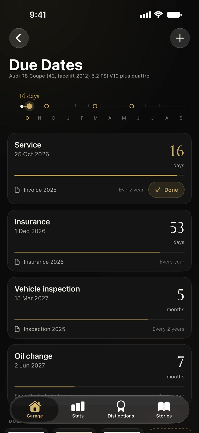 An Audi R8’s due dates in Carbon: a timeline of the next twelve months, then the service in 16 days, the insurance in 53 days and the vehicle inspection in 5 months