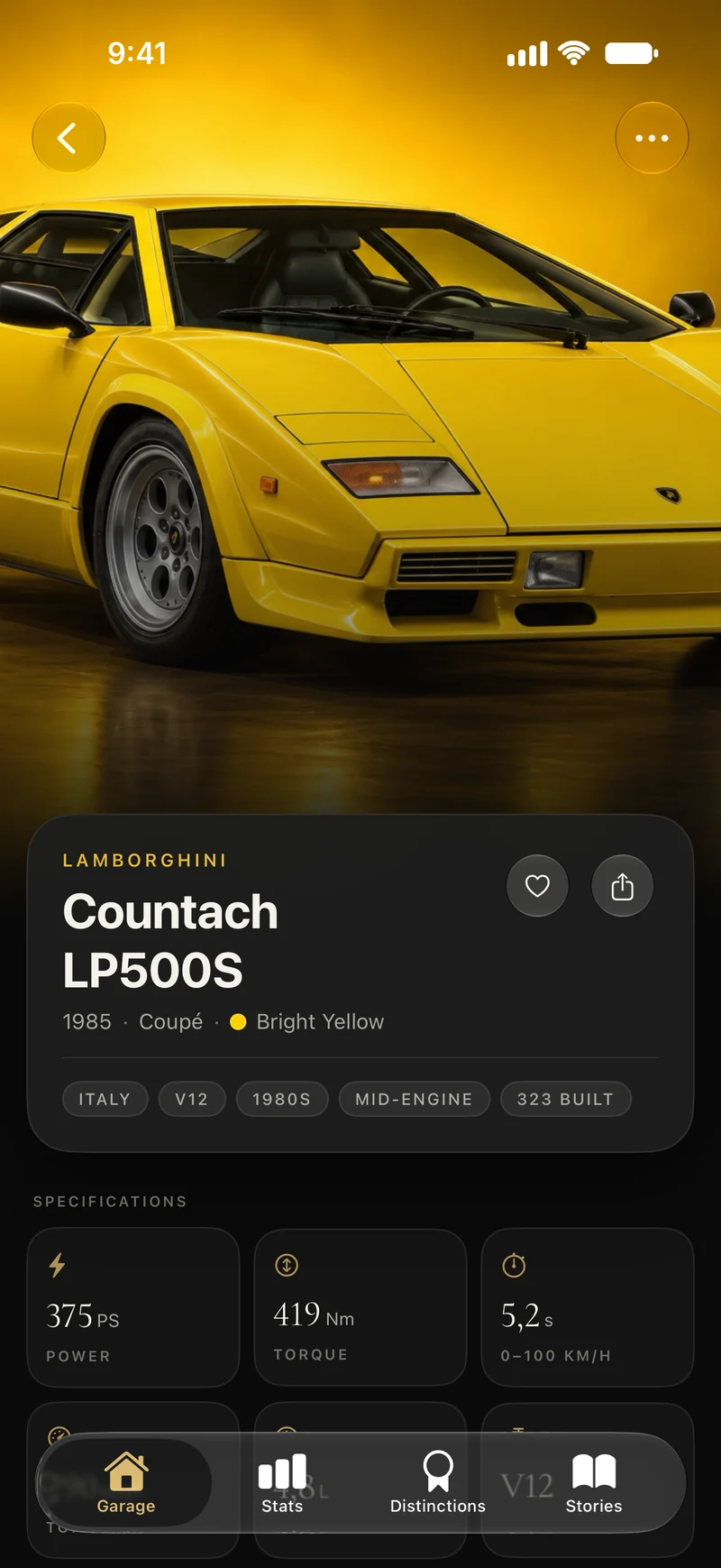 The Lamborghini Countach LP500S spec sheet in Carbon: 375 PS, 419 Nm, 0–100 km/h in 5.2 s