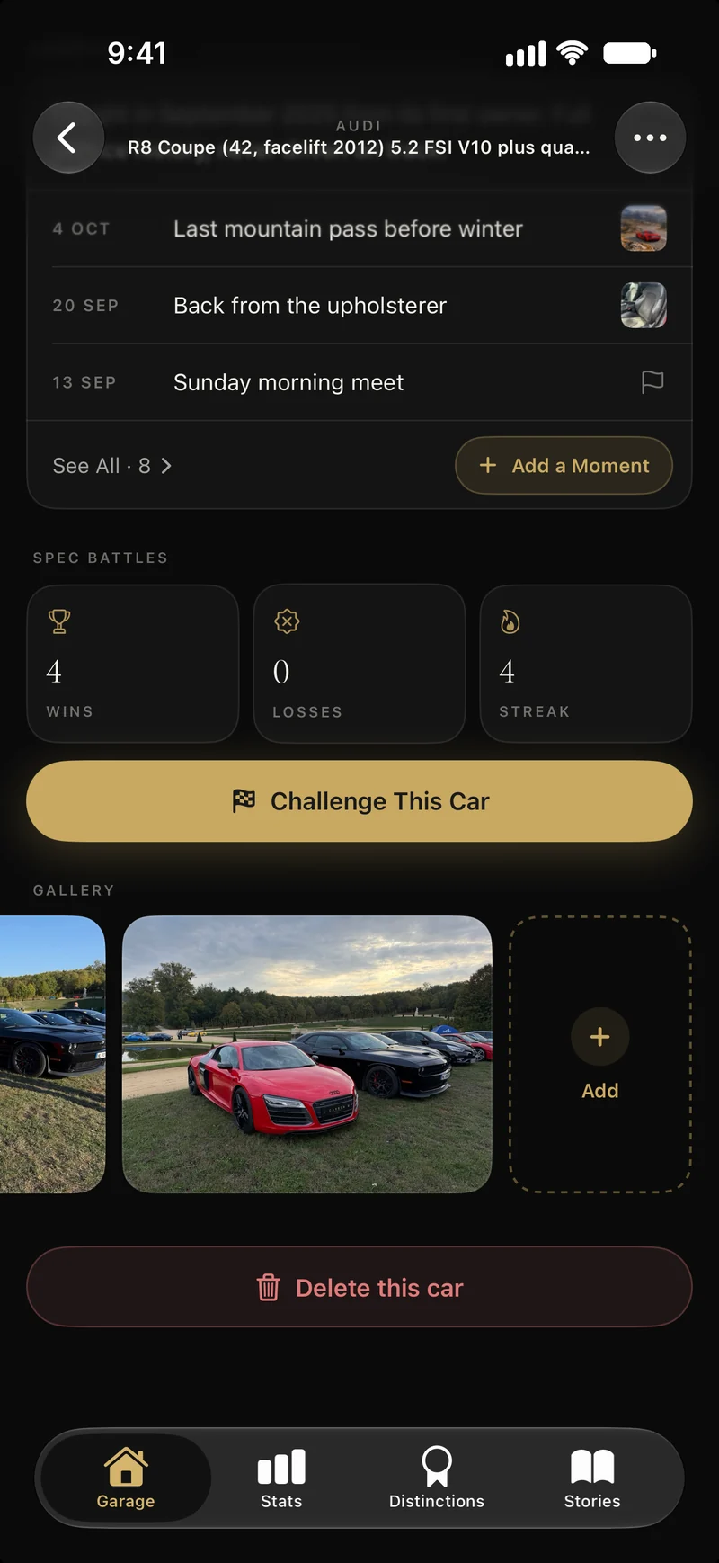 The bottom of an Audi R8’s spec sheet in Carbon: the latest moments in its logbook, its Spec Battles, then its gallery, with a photo of the car at a meet