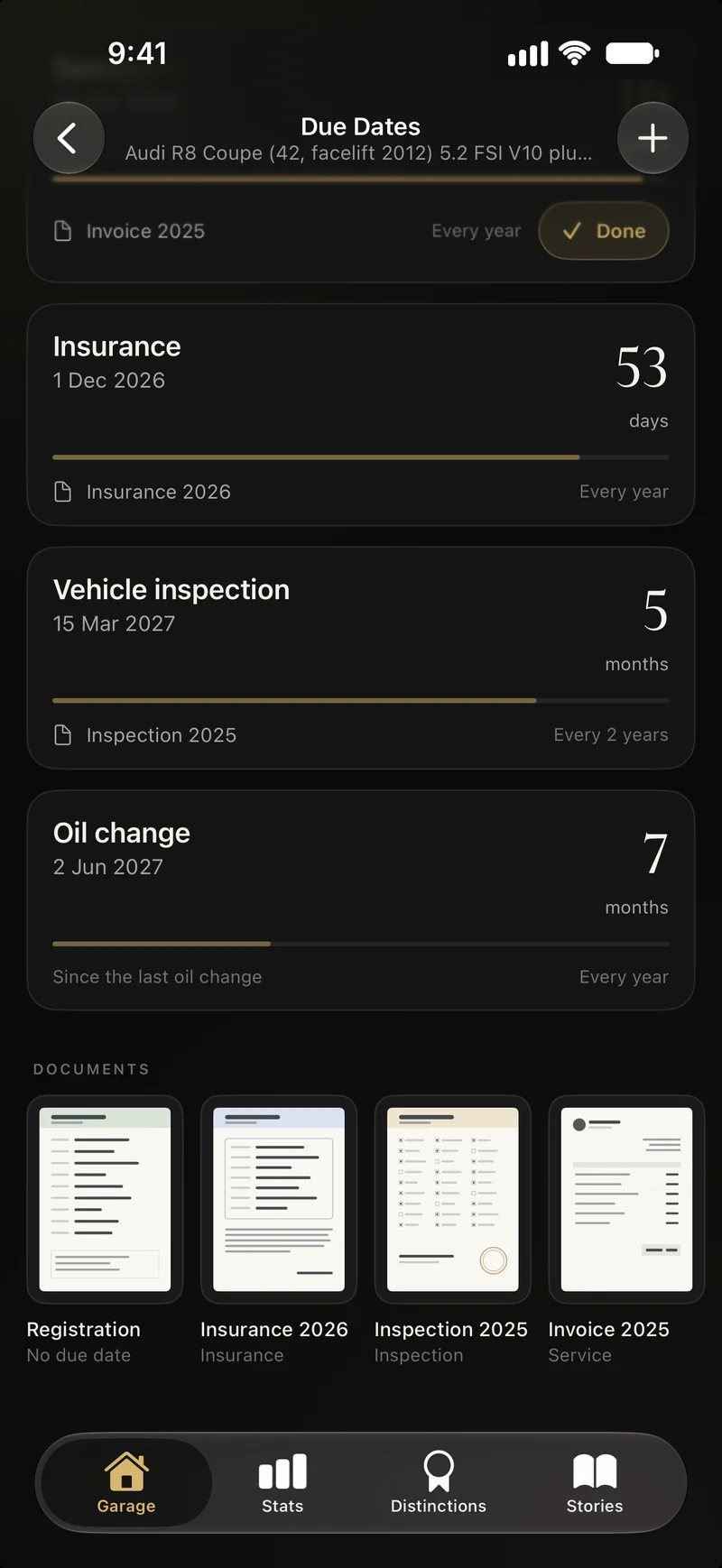 An Audi R8’s documents in Carbon: registration, insurance certificate, inspection report and invoice, filed below its due dates